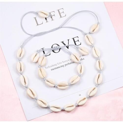Boho Natural Shells Necklace Bracelet Set for Women White Seashell Collar Ocean Choker Hand-knitted Jewelry Girl Birthday Gifts