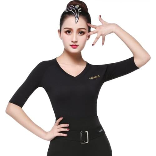 Doubl Comfortable Womens Latin Dance Tops for Women Shirt Half Sleeve Ballroom Dance Practice V-neck Lady Black Elastic Slim