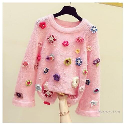 Handmade Beaded Embroidery Flower Stitching Round-Neck Flared Sleeves Sweater Womens 2020 Autumn and Winter New Knitwear Top