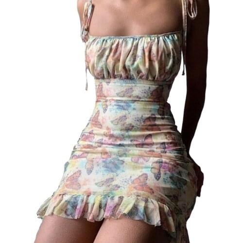 Fashion Women Ladies Butterfly printing Sexy Sleeveless Spaghetti Strap Bodycon Slim Clubwear Summer Casual Party Mini Dress