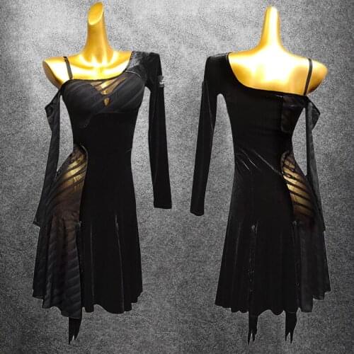 Single Sleeve Latin Dance Dress Women Perspective Fringe Skirt Adult Dance Dress For Practice Performance Salsa Runba Dress 1333