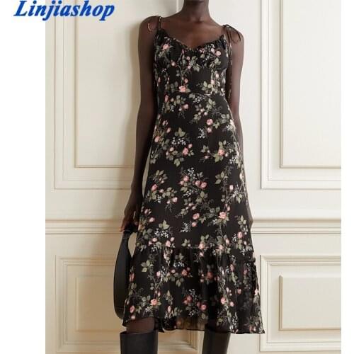 Holiday Summer Women Vintage Floral Print Chiffon Dress Female V Neck A-line Midi Sexy Sling Clothes Prairie Chic Vestido