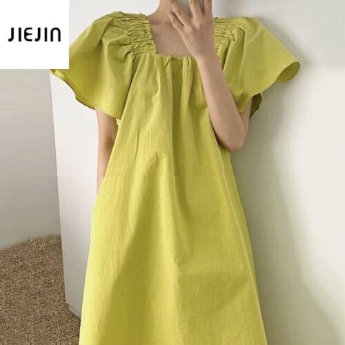 Summer Vintage Green Simple Casual Dresses for Women 2021square Collar High Waist Elegant Puff Sleeve A-line Sexy Mini Dresses