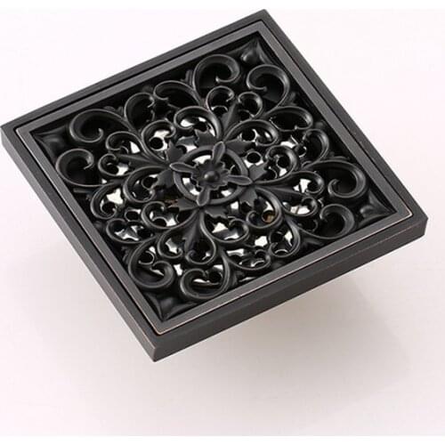 10*10cm Vintage Artistic Black Brass Bathroom Square Shower Floor Drain Trap Waste Grate With Hair Strainer Anti Smelly Drains