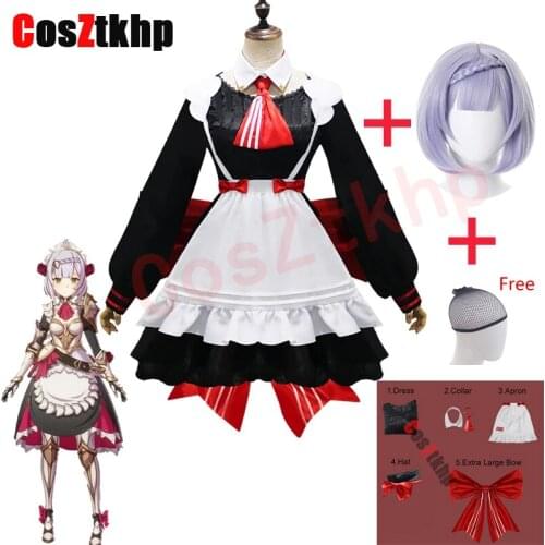 2021 Genshin Impact Noelle Full set Cosplay Anime Costume Halloween Carnival Lolita Maid Uniform Including Hat and Large Bow wig
