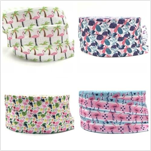 5 Yards 16mm tropical Flamingo Palm tree Printed fold over elastic bands Shoe Lace DIY Crafts Hair tie bracelet Accessories