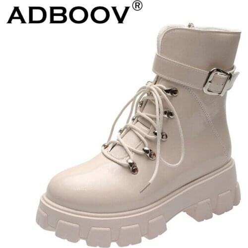 ADBOOV New Buckle Motorcycle Boots Women Palether Leather Platform Boots Ladies Martins Shoes