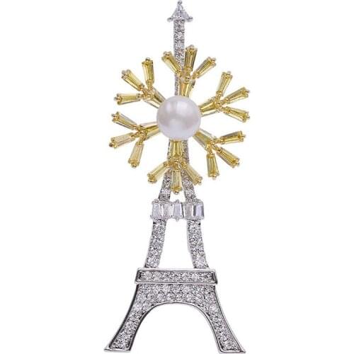 Crystal Cubic Zirconia Eiffel Tower with Rotatable Snowflake Brooch Broach Pin Pendant Women Jewelry Accessories HR03893
