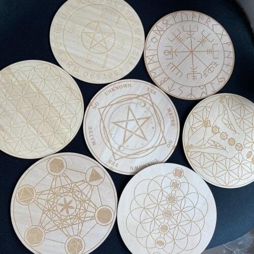 15cm Wood Round Altar Tile/Pad with viking compass Pentagram Chakras witchcraft supplies Divination mat wicca props Ornaments