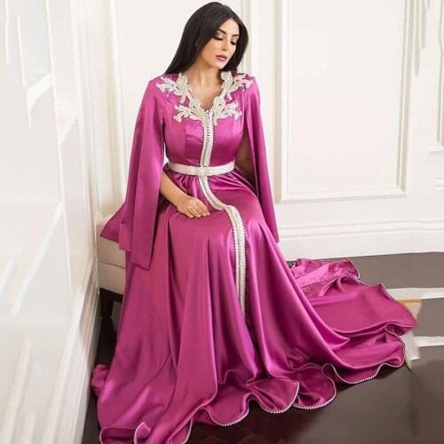 Fushia Satin Moroccan Caftan Evening Dresses Long Muslim Special Occasion Dress Crystal Arabic Prom Evening Party Gown