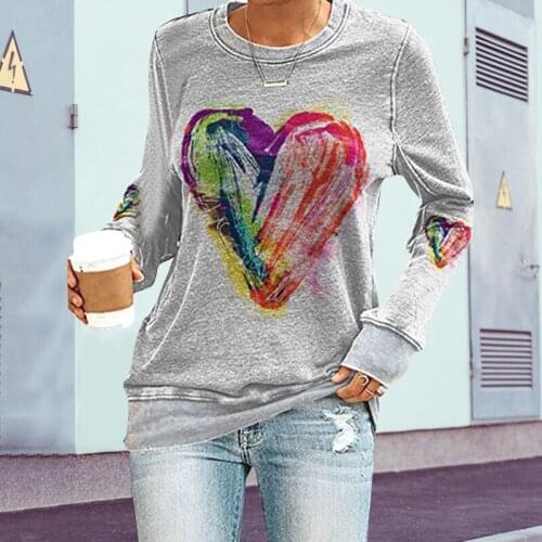 Oil Painting Love Heart Print Casual Sweatshirt Women Pullover Long Sleeve Top Round Neck d88