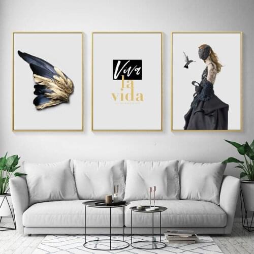 Girl Feather Lips Bird Black Gold Series Canvas Painting Wall Art Nordic Posters and Prints Wall Pictures for Living Room Decor