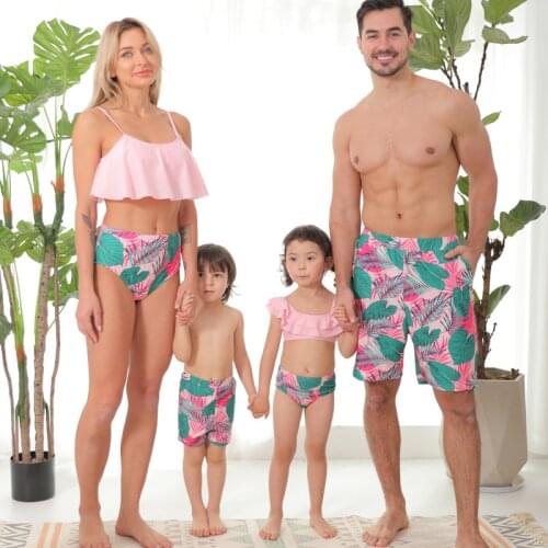 Pink Leaf Print Mother Daughter Swimsuit Mommy And Me Bikini Clothes Father Son Swimming Trunks Family Matching Swimwear YZQ036