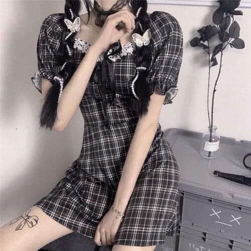 Harajuku Summer Gothic Black Dress Vintage Slim Waist Plaid Lace Princess Dress Mini Kawaii Cute Soft Girl Ulzzang Lolita Dress