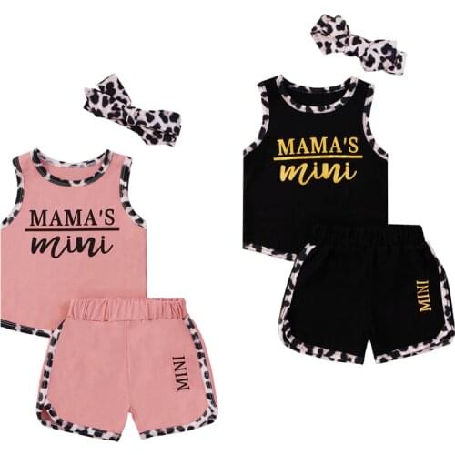 FOCUSNORM 0-24M Summer Infant Baby Girls Clothes 3pcs Leopard Letter Print Sleeveless Vest Tops Shorts Headband