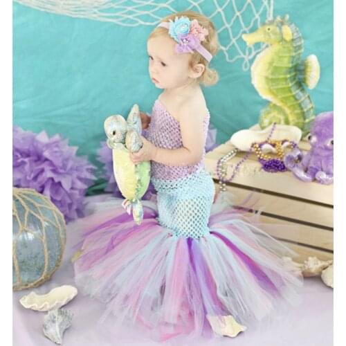 Sea Princess Ariel Dress Patchwork Polyester Top Tulle Tutu Fishtail Toddler Girl Dress Kids Baby Ariel Little Mermaid Clothes