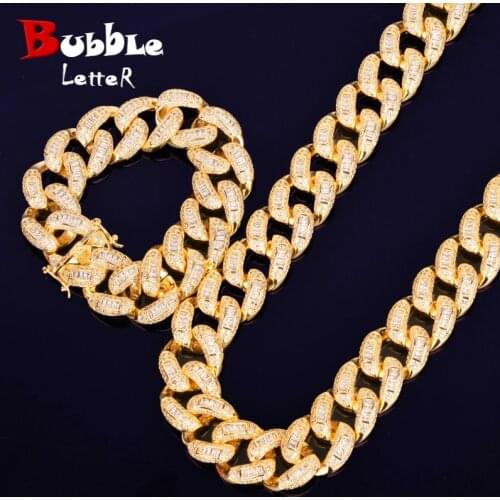 Baguette Zircon Miami Cuban Link Necklace Bracelet Set Iced out Mens Hip hop Street Rock Jewelry 22mm Gold Color Choker Chain