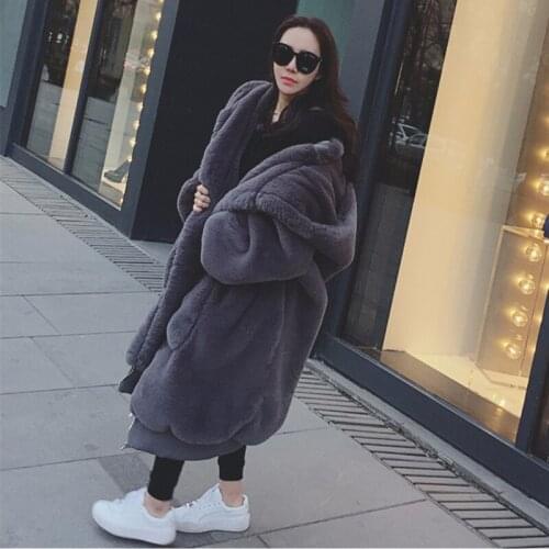 2021 New Winter Women Faux Fur Coat Fashionable Beaver Rabbit Hair Thicken Warm Long Hooded Loose Casual Female Parka