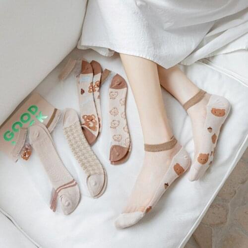 2021 Summer New Product Glass Silk Stockings Thin Stockings Korean Version of Bear Transparent Colored Cotton Short Socks Women
