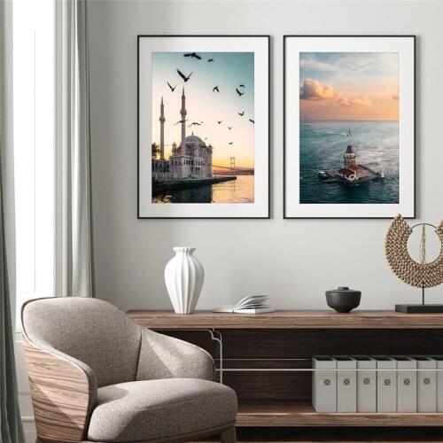 Istanbul Turkey Printmaking Poster Mosque Sunrise Art Canvas Painting Maiden Tower Photo Bedroom Wall Decoration Picture
