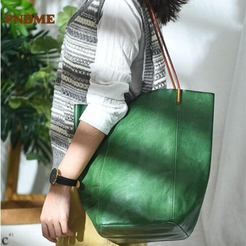 PNDME art design handmade Genuine leather ladies handbag retro fashion luxury natural first layer cowhide shoulder shopping bag