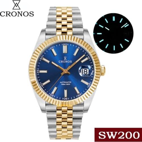 Cronos Date Luxury Men Dress Gold Watch Stainless Steel 5 Links Bracelet Copper-Nickel Platinum PVD Bezel 100m Water Resistant