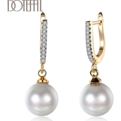 DOTEFFIL 925 Sterling Silver Pearl AAA Zircon 18K Gold Earrings For Women Jewelry Fashion Wedding Engagement Party Gift