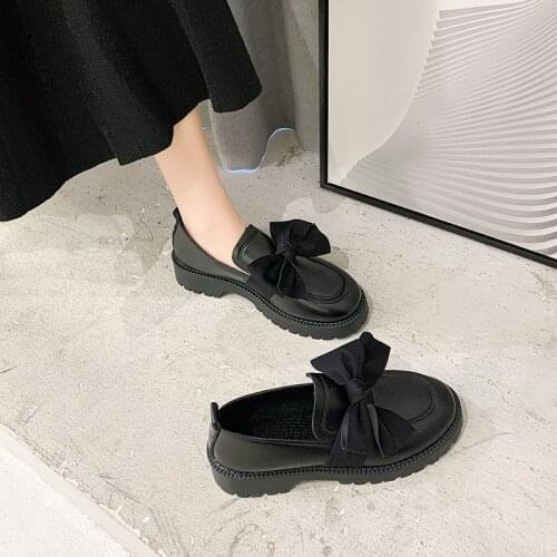 Spring Autumn Women Leather Platform Shoes Black Loafers Bow Slip on Flat Shoes Woman Casual Sewing Oxford zapatos mujer 8873G