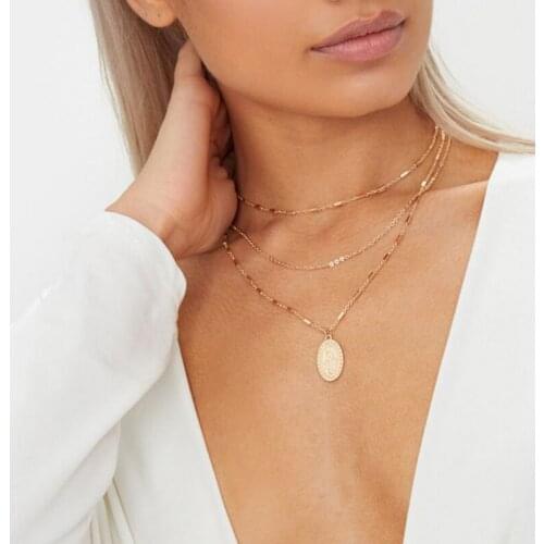 Three layer necklace Oval-shaped Virgin Mary Madonna Pendant Gold silver color plated Tube chain choker