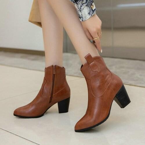 Retro Women Western Boots Simple Crocodile Pattern Artificial Leather Pointed Square Root Zipper Women Winter and Autumn Shoes