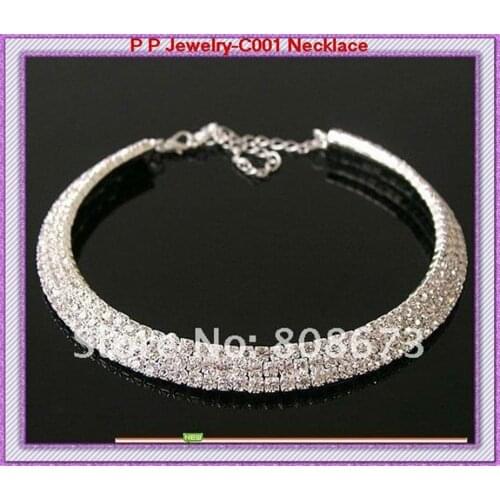 Mini order 15$ can be mixed items)Silver plated clear crystal 3 row necklace,bridal costume necklace