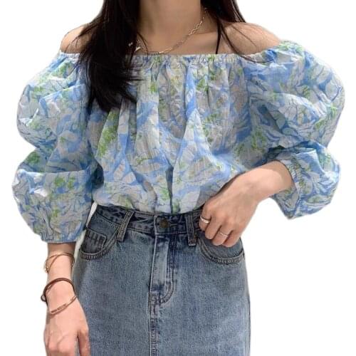 Korean Ladies Summer Sexy Off Shoulder Slash Neck Shirts Runway Women Vintage Tie Dye Print Puff Sleeve Elegant Loose Blouse Top