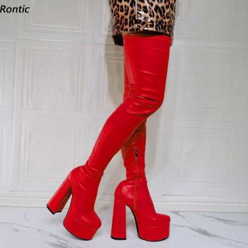 Rontic New Arrival Women Spring Thigh Boots Flexible Boots Chunky Heels Round Toe Pretty Red Black Party Shoes Size 34 45 47