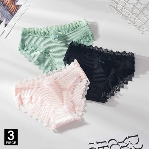 Woman Cotton Panties Sexy Lace Briefs Fashion Solid Color knickers Girls Bow Underpants Set Underwear Dropshipping 3 Pcs/lot