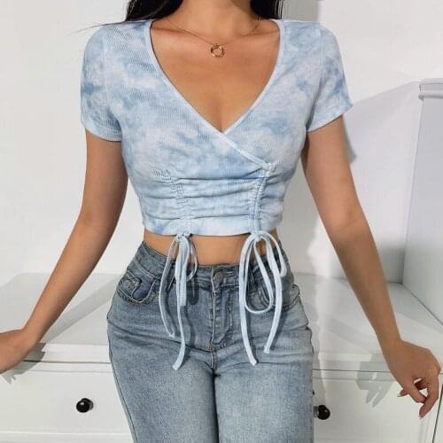 Womens Top Summer Tie Dye Short Sleeve Casual Outfit Slim Crop Front Drawstring Fashion Sexy Deep V-Neck Blouse Shirt