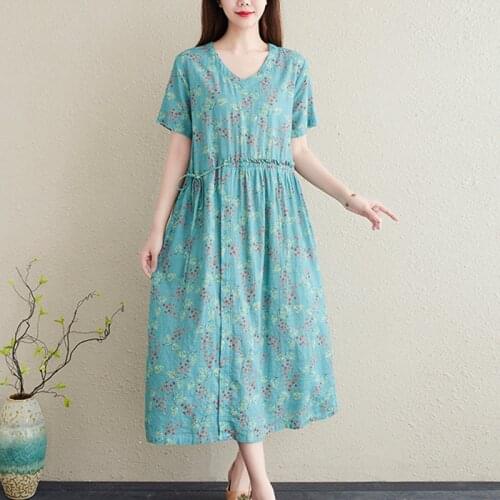 2021 New Arrival Loose Summer Dress Print Floral Prairie Chic Travel Casual Dress Cotton Linen Draw String Fashion Women Dress