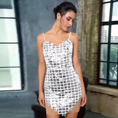 Glam Plaid Sequin Velvet White Women Dress Sleeveless V Neck Spaghetti Strap Mesh Patchwork Mini Slim Party Dress Vestido