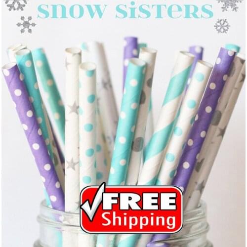 150pcs Mixed 6 Designs SNOW SISTERS Paper Straws Frozen,Winter,Lilac, Light Blue, Silver Striped, Swiss Dot, Sailor Stripe, Star