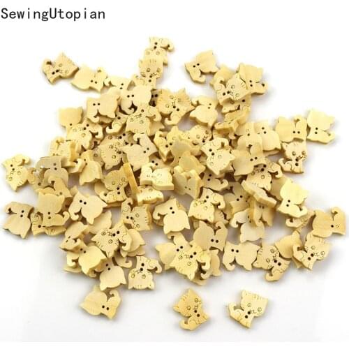 200PCS Wood Buttons Scrapbooking Cat Natural Color 2 Holes Wooden Button Sewing Tools for Diy Clothing Accessories