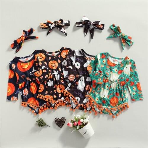 Baby Girls Halloween Clothes Set Long Sleeve Round Collar Romper and Bow Knot Headdress