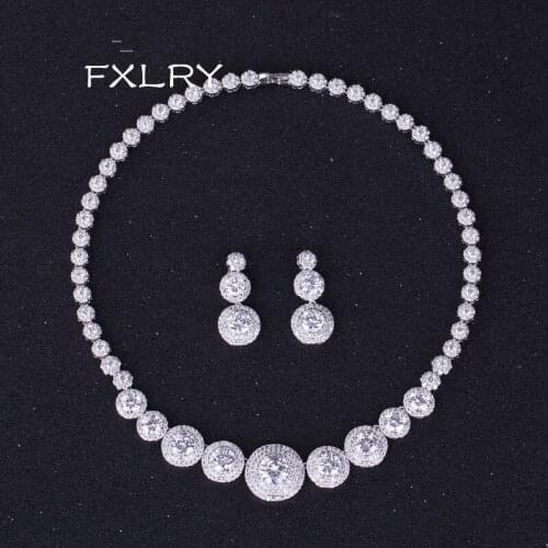 FXLRY Elegant White Color AAA+ Cubic Zirconia Stone Circular Pendant Earrings Necklaces For Wedding Bride Jewelry