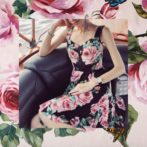 Italian luxury brand 100% polyester rose flower printed stretch satin soft womens fashion DIY clothing fabric cloth for dress