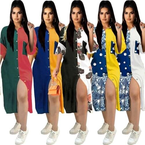 Button Up Casaul T Shirt Dress Summer Short Sleeve Floral Printed Patchwork Knee Length Dress Loose Bodycon S-XXL