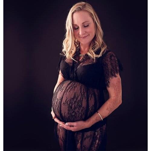 Sides Slit Lace Maternity Photography Dresses V-neck Sexy Lace Maternity Maxi Dress For Photo Shoot High Waist