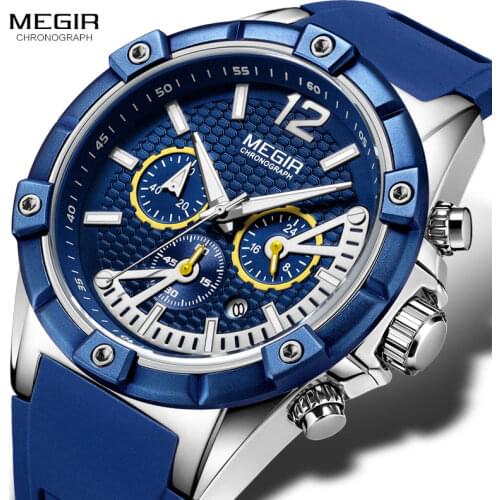 MEGIR Army Sports Waterproof Quartz Wrist Watches for Men Blue Silicone Stopwatch Relojios Masculinos Clock Luminous 2083GBE-2