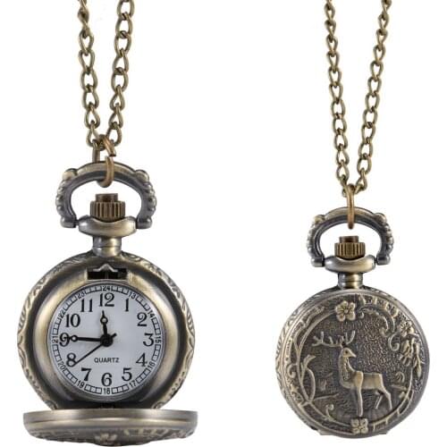 Fashion Vintage Retro Quartz Pocket Watch Alloy Deer Carving Sweater Chain Necklace Pendant Clock Gifts LL@17