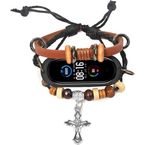 Mi band 5 strap Smart Watch Retro cross Leather Beading Weave Braided Bracelet Strap Rubber Case For Xiaomi Mi Band 3/4/5 correa
