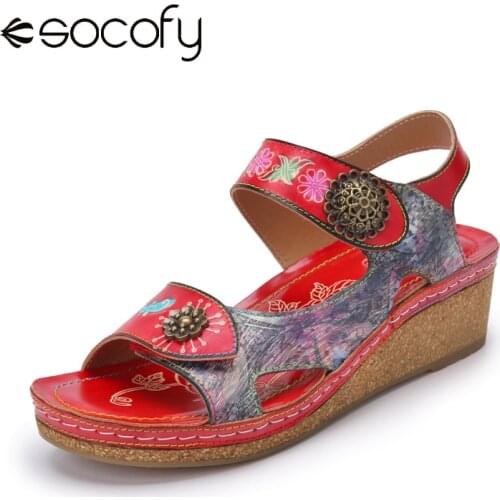 Socofy Retro Ethnic Floral Print Splicing Leather Wedges Adjustable Hook Loop Comfy Sandals Womens Leather Shoes Wedges Sandals