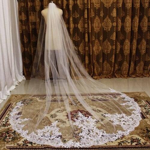 New Arrival Lace Appliques Wedding Veil with Comb 3 Meters Cathedral White Ivory Bridal Veil One Layer Bride Veil