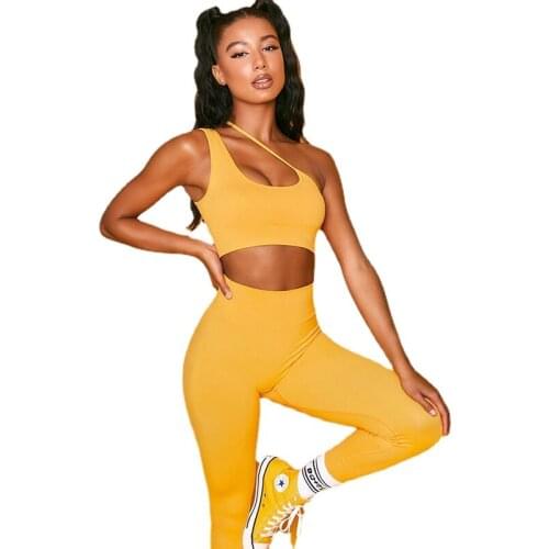 Woman 2pcs Legging set Solid Color One Shoulder Sleeveless Crop Vest+Legging S-L 5Color S916367